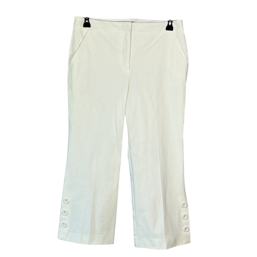 Trina Turk Ivory Cropped Straight Leg Pants Covered Button Hem Detail Size 10